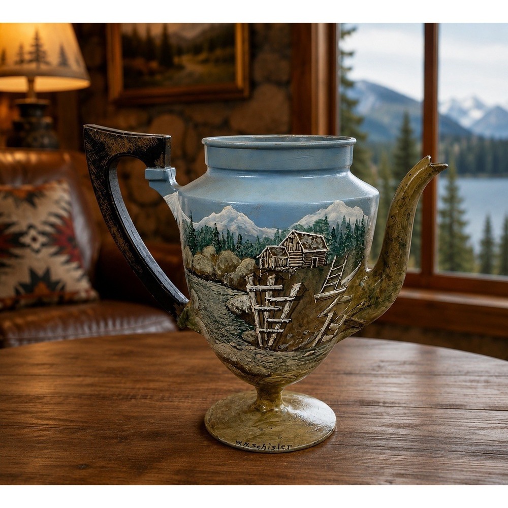 Vintage W.H. Schisler Hand Painted Mountain Cabin Elk Scenic Aluminum Pitcher